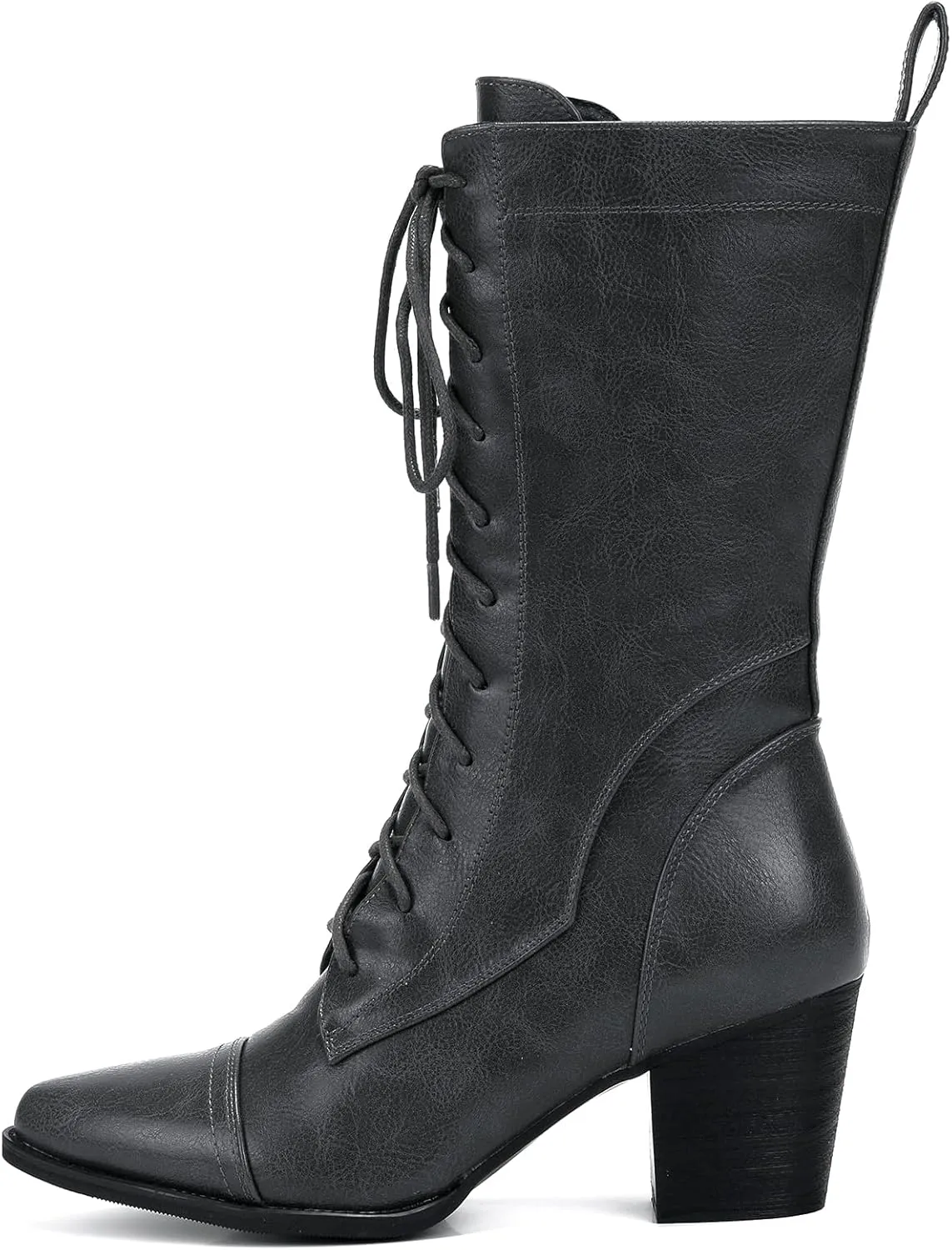 UTIKLIOU Women's Mid Calf Boots Lace up Combat Boots Leather Side Zipper Winter Boots Faux Fur Lining