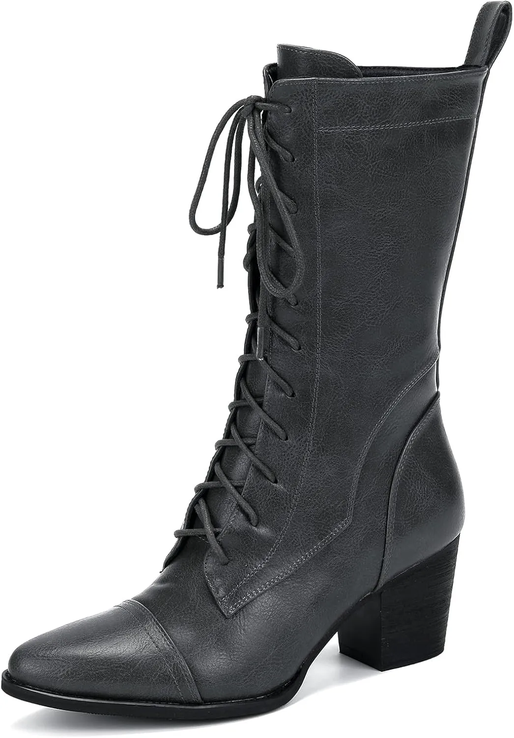 UTIKLIOU Women's Mid Calf Boots Lace up Combat Boots Leather Side Zipper Winter Boots Faux Fur Lining