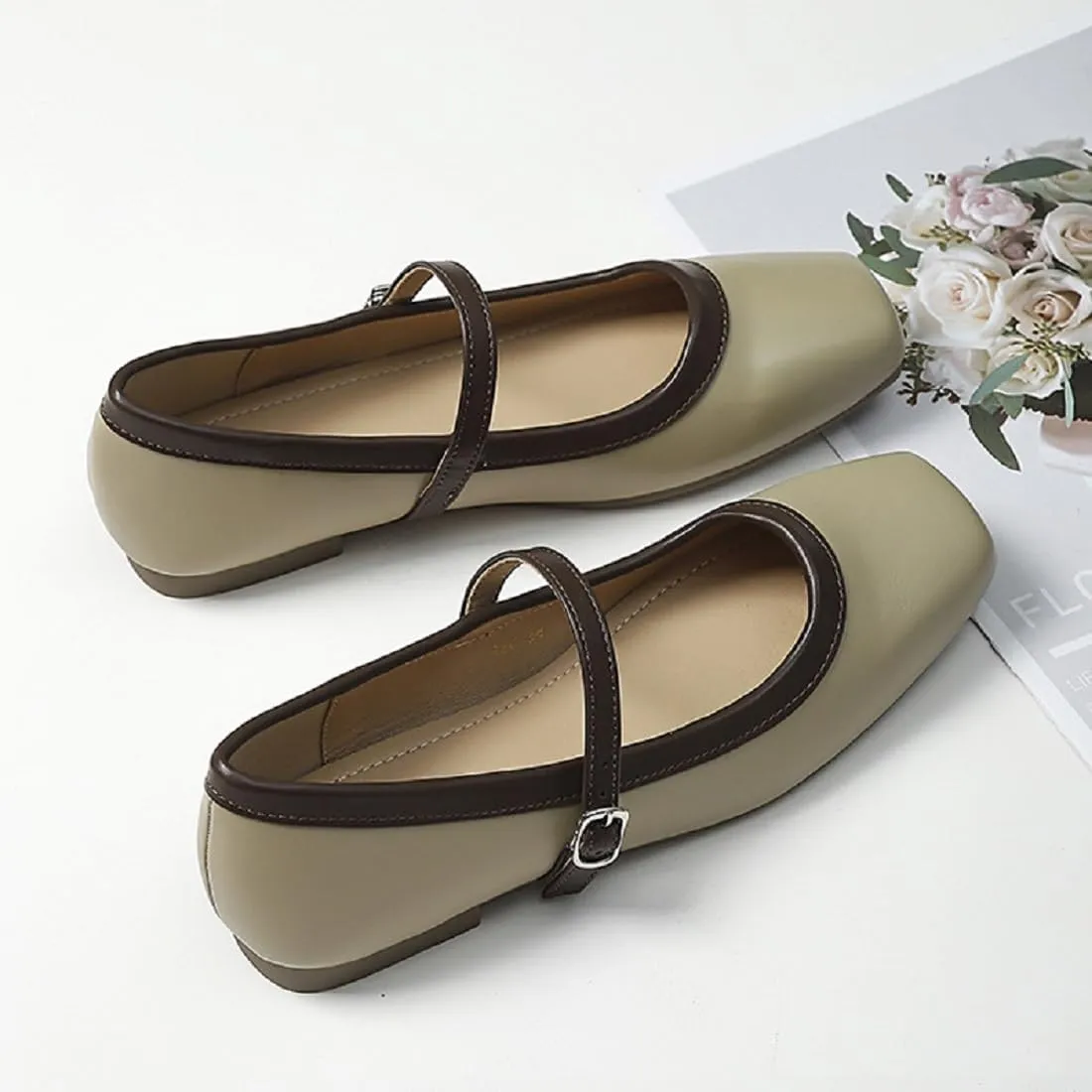 UZUJBAA Women's Suede Mary Jane Flats Buckle Square Cap Toe Ballet Flats Classy Dressy Comfortable Slip on Flats Soft Work Casual Flat Shoes