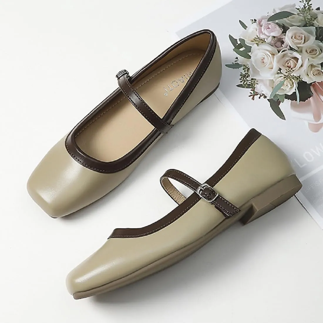 UZUJBAA Women's Suede Mary Jane Flats Buckle Square Cap Toe Ballet Flats Classy Dressy Comfortable Slip on Flats Soft Work Casual Flat Shoes