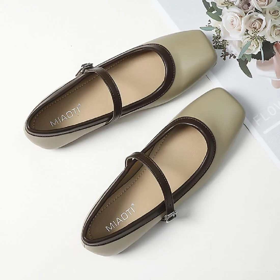 UZUJBAA Women's Suede Mary Jane Flats Buckle Square Cap Toe Ballet Flats Classy Dressy Comfortable Slip on Flats Soft Work Casual Flat Shoes