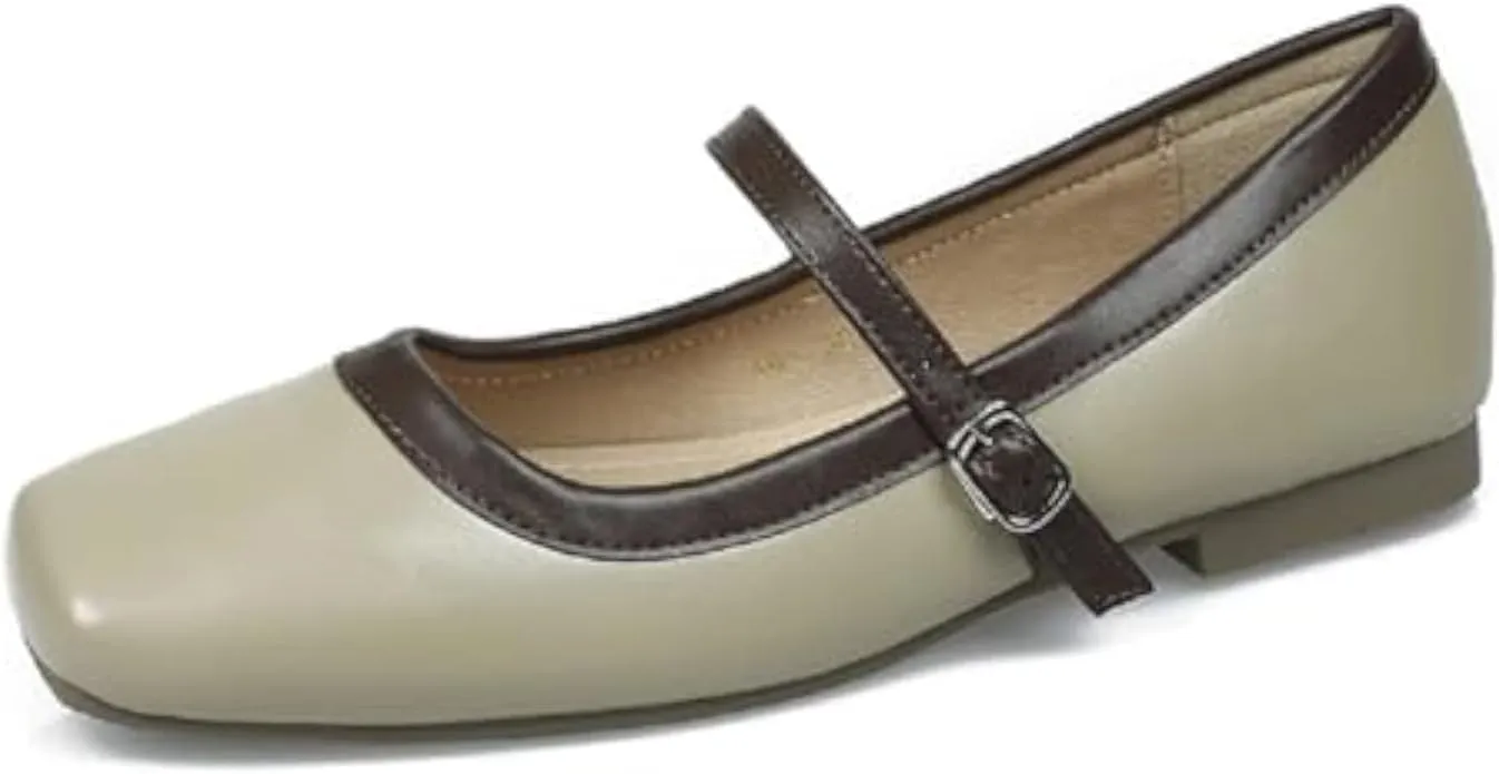 UZUJBAA Women's Suede Mary Jane Flats Buckle Square Cap Toe Ballet Flats Classy Dressy Comfortable Slip on Flats Soft Work Casual Flat Shoes