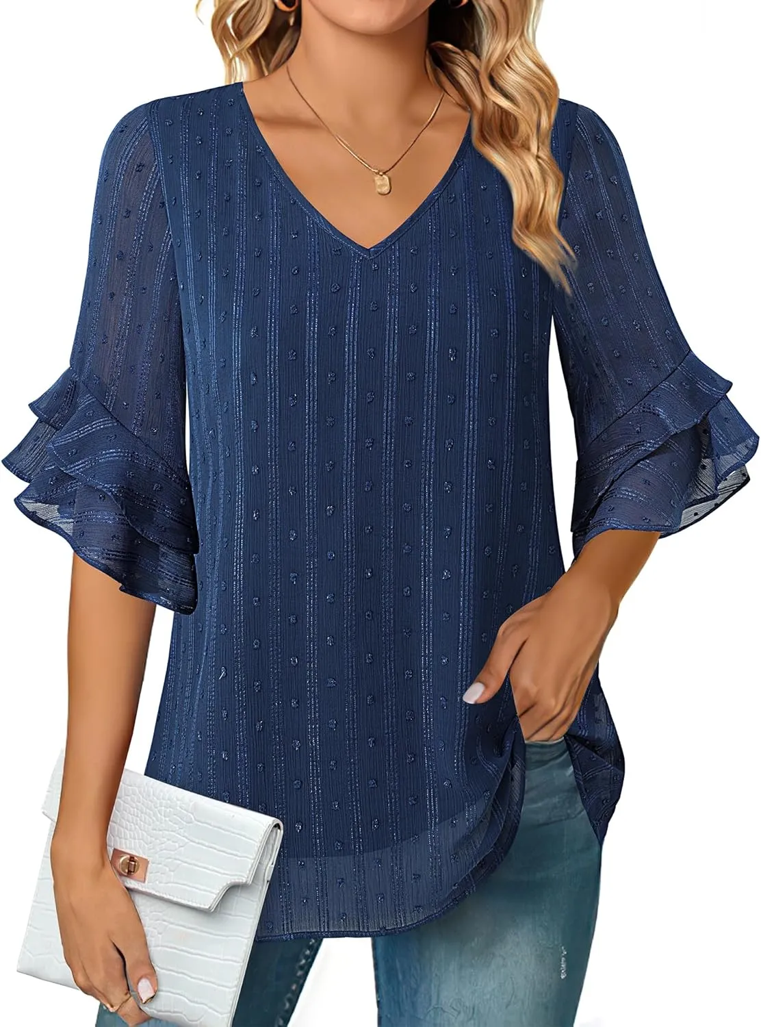 VALOLIA Womens Blouses 3/4 Sleeve Dressy Tops Business Casual Double Layers Shirts