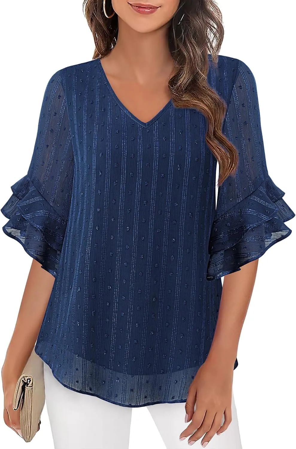 VALOLIA Womens Blouses 3/4 Sleeve Dressy Tops Business Casual Double Layers Shirts