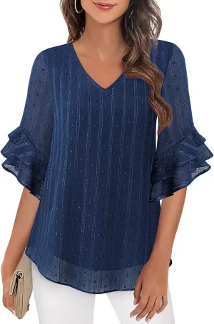 VALOLIA Womens Blouses 3/4 Sleeve Dressy Tops Business Casual Double Layers Shirts