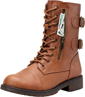 Vepose Women's 928 Combat Boots Low Heel, Mid Calf Military Boots with Card Knife Wallet Pocket