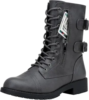 Vepose Women's 928 Combat Boots Low Heel, Mid Calf Military Boots with Card Knife Wallet Pocket