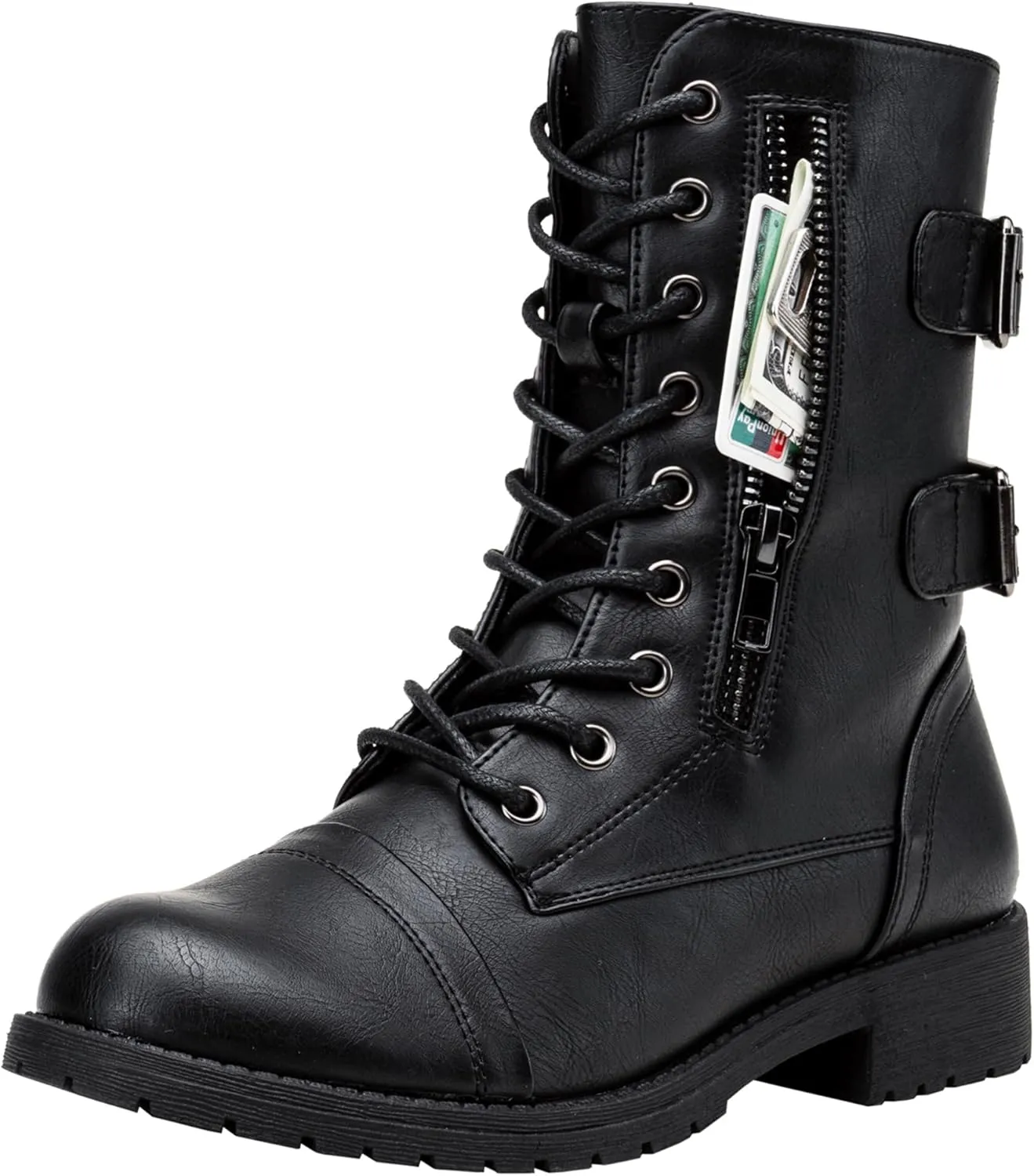 Vepose Women's 928 Combat Boots Low Heel, Mid Calf Military Boots with Card Knife Wallet Pocket