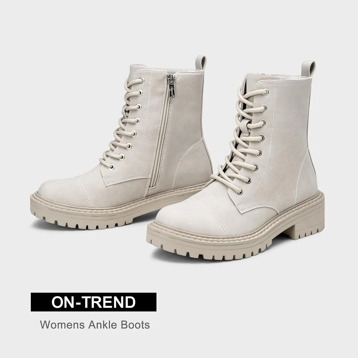 Vepose Women's 9629 Fashion Combat Ankle Boots, Lace up Booties with Inner Zipper