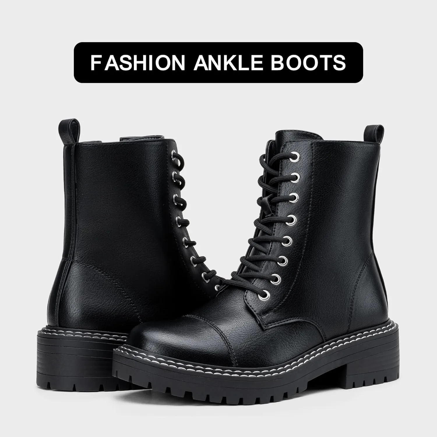 Vepose Women's 9629 Fashion Combat Ankle Boots, Lace up Booties with Inner Zipper
