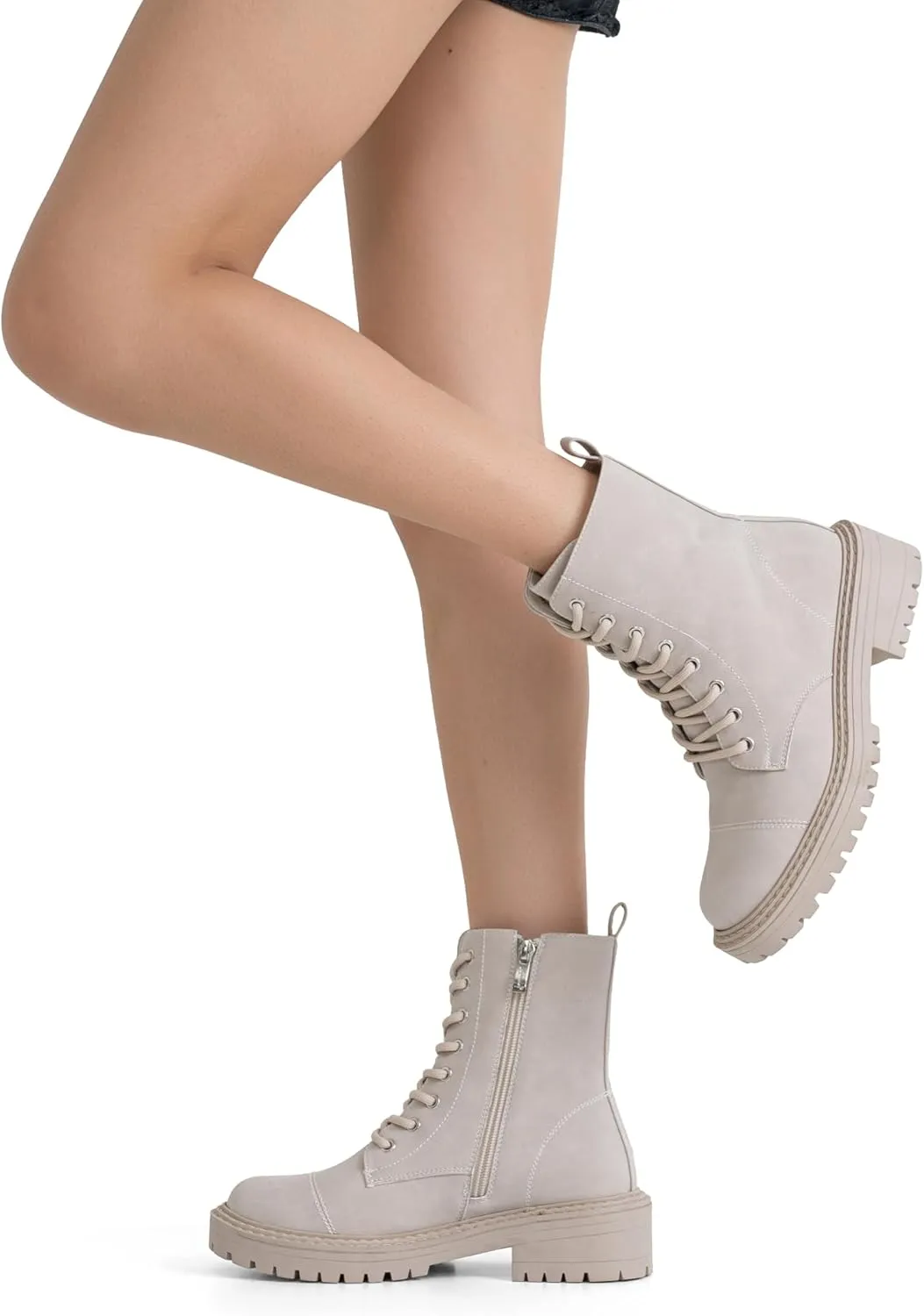 Vepose Women's 9629 Fashion Combat Ankle Boots, Lace up Booties with Inner Zipper
