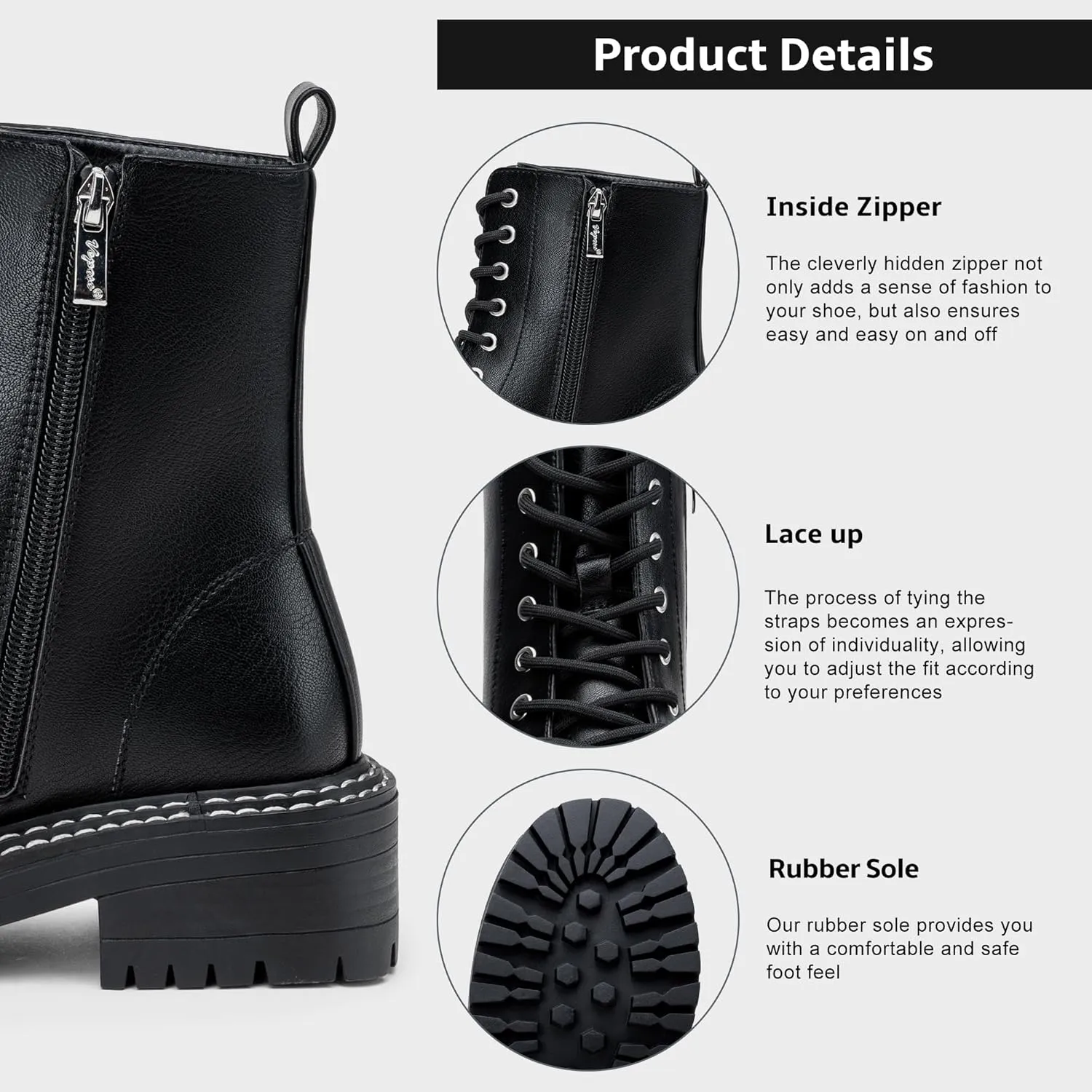 Vepose Women's 9629 Fashion Combat Ankle Boots, Lace up Booties with Inner Zipper