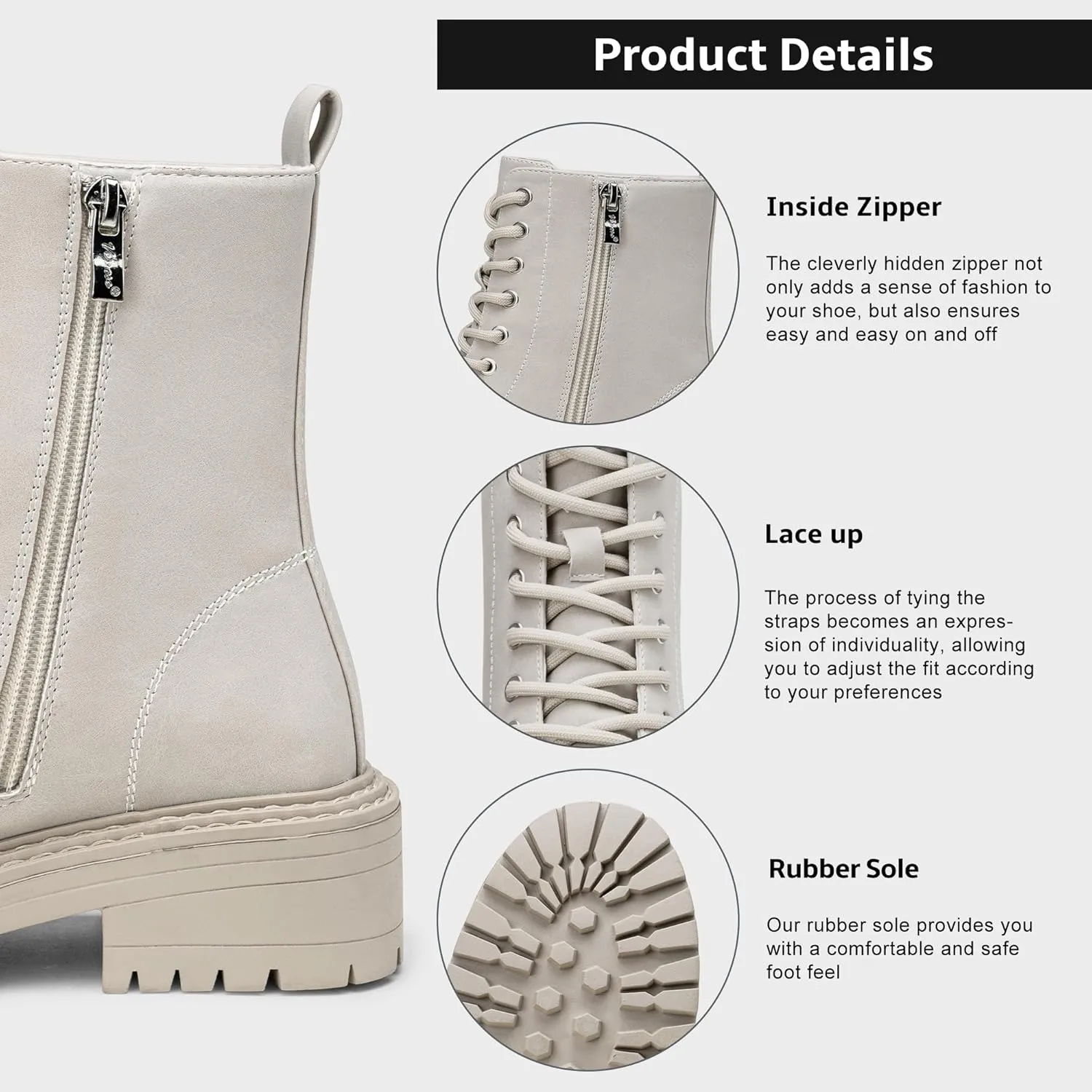 Vepose Women's 9629 Fashion Combat Ankle Boots, Lace up Booties with Inner Zipper
