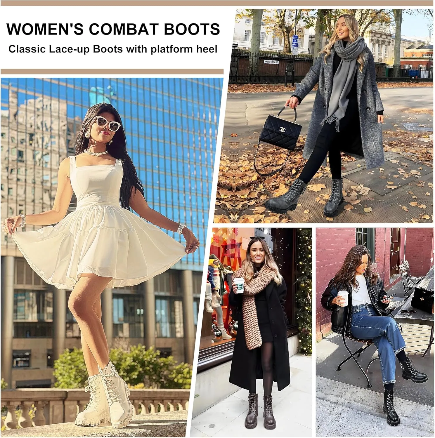 Vepose Women's Combat Boots, Platform Ankle Booties Lace up Chunky Heel with Inner Zipper