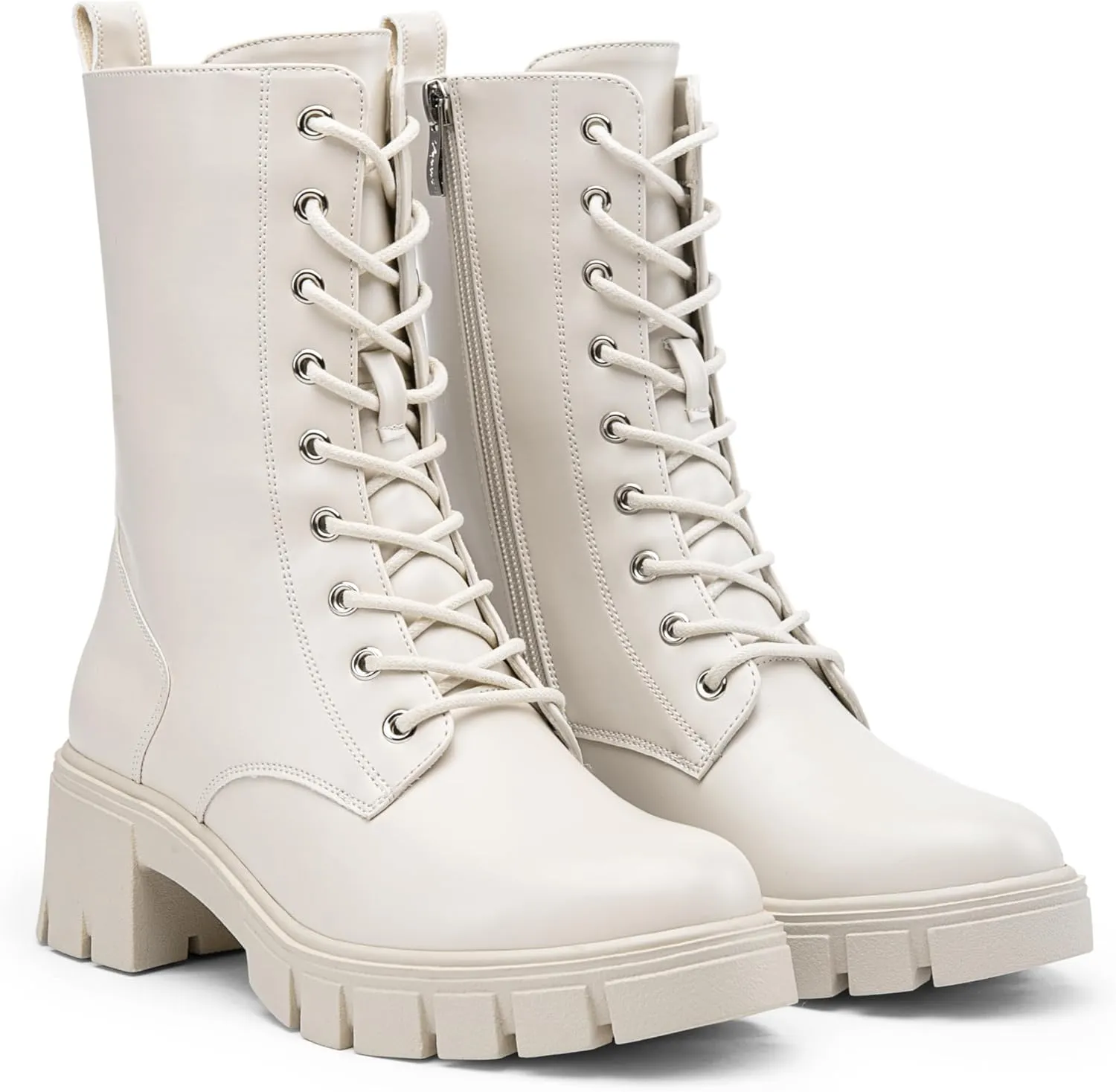 Vepose Women's Mid Calf Combat Boots Lace-up Elastic Chunky Platform Boot with Side Zipper
