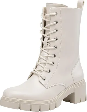 Vepose Women's Mid Calf Combat Boots Lace-up Elastic Chunky Platform Boot with Side Zipper