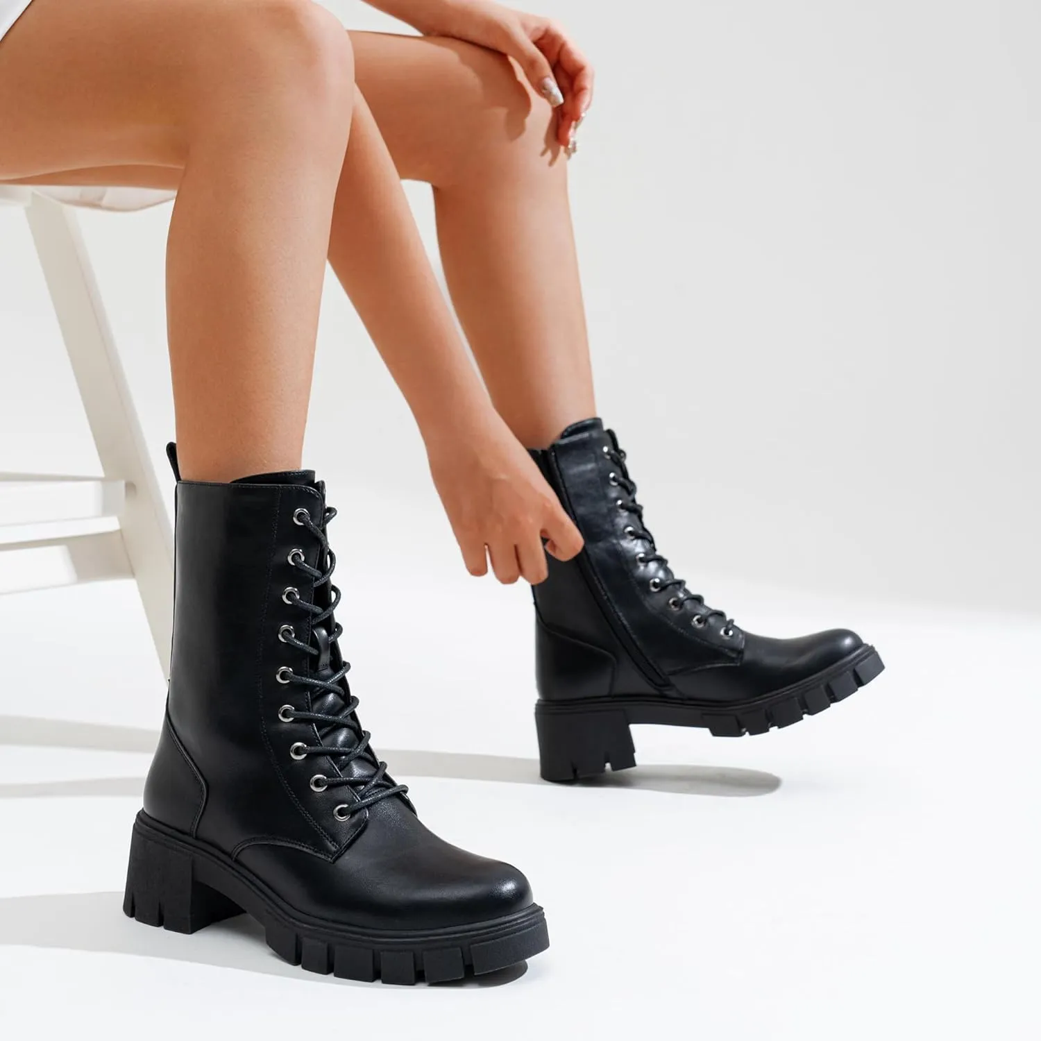 Vepose Women's Mid Calf Combat Boots Lace-up Elastic Chunky Platform Boot with Side Zipper