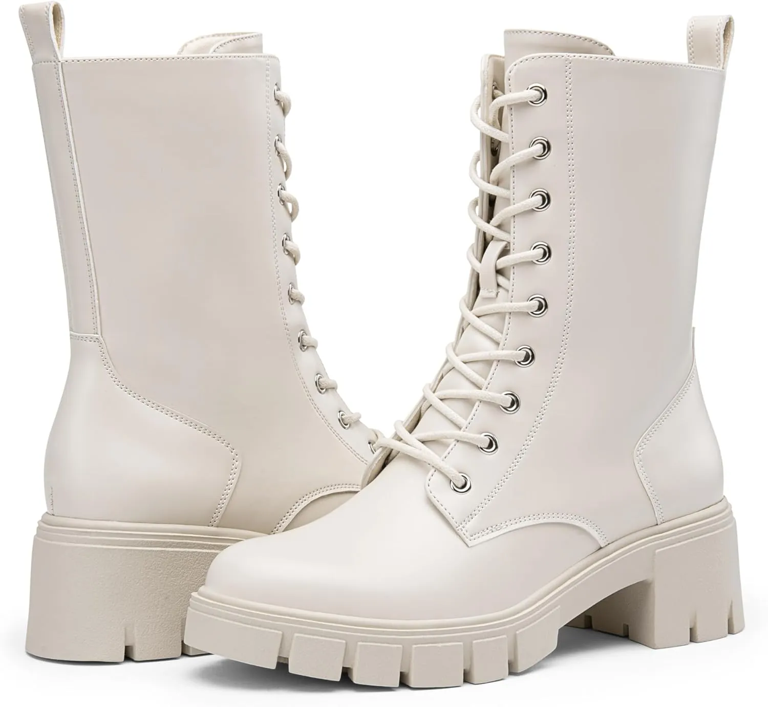 Vepose Women's Mid Calf Combat Boots Lace-up Elastic Chunky Platform Boot with Side Zipper