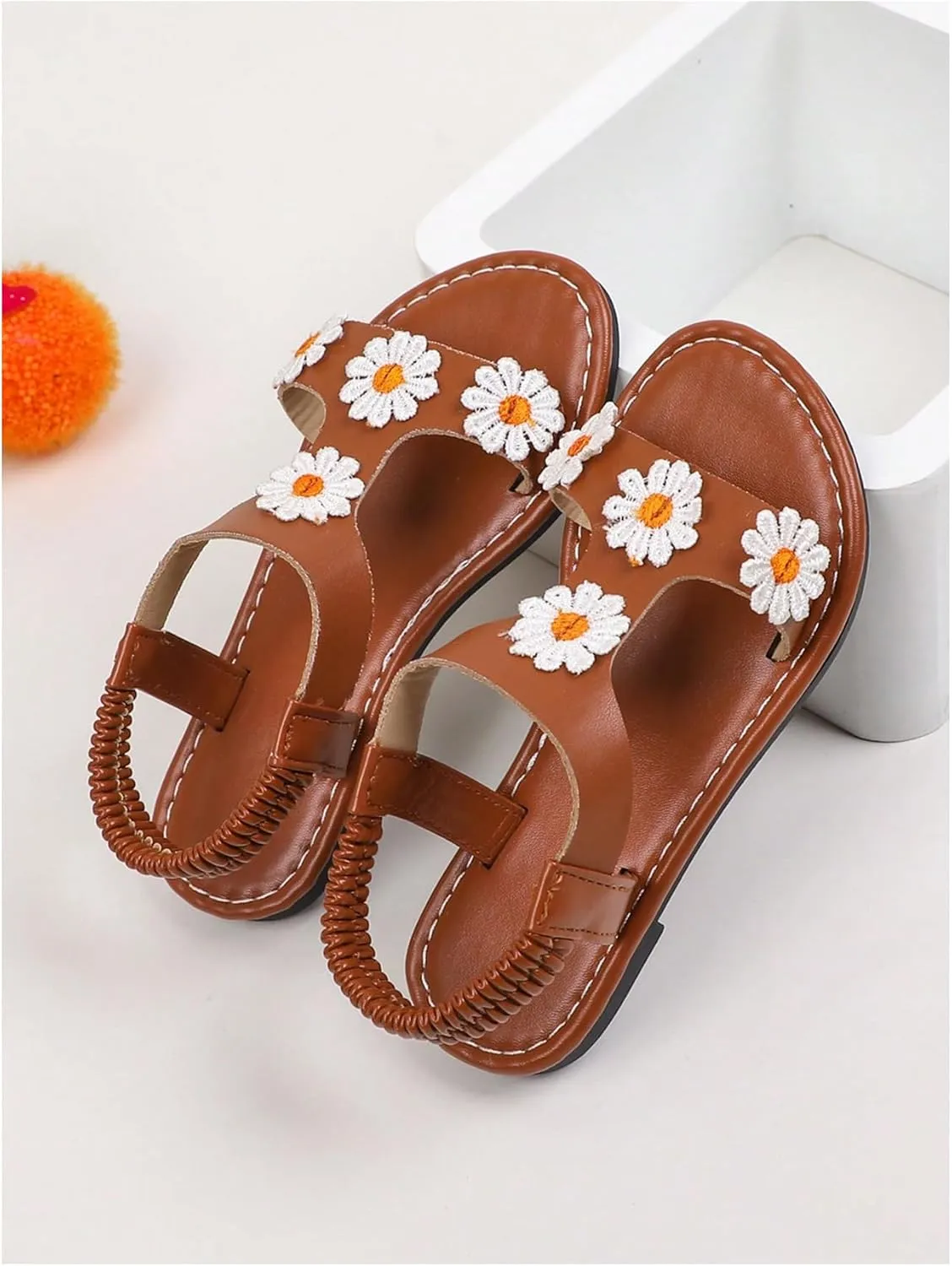 Verdusa Girl's Summer Flower Sandals Open Toe Flat Leather Beach Sandals