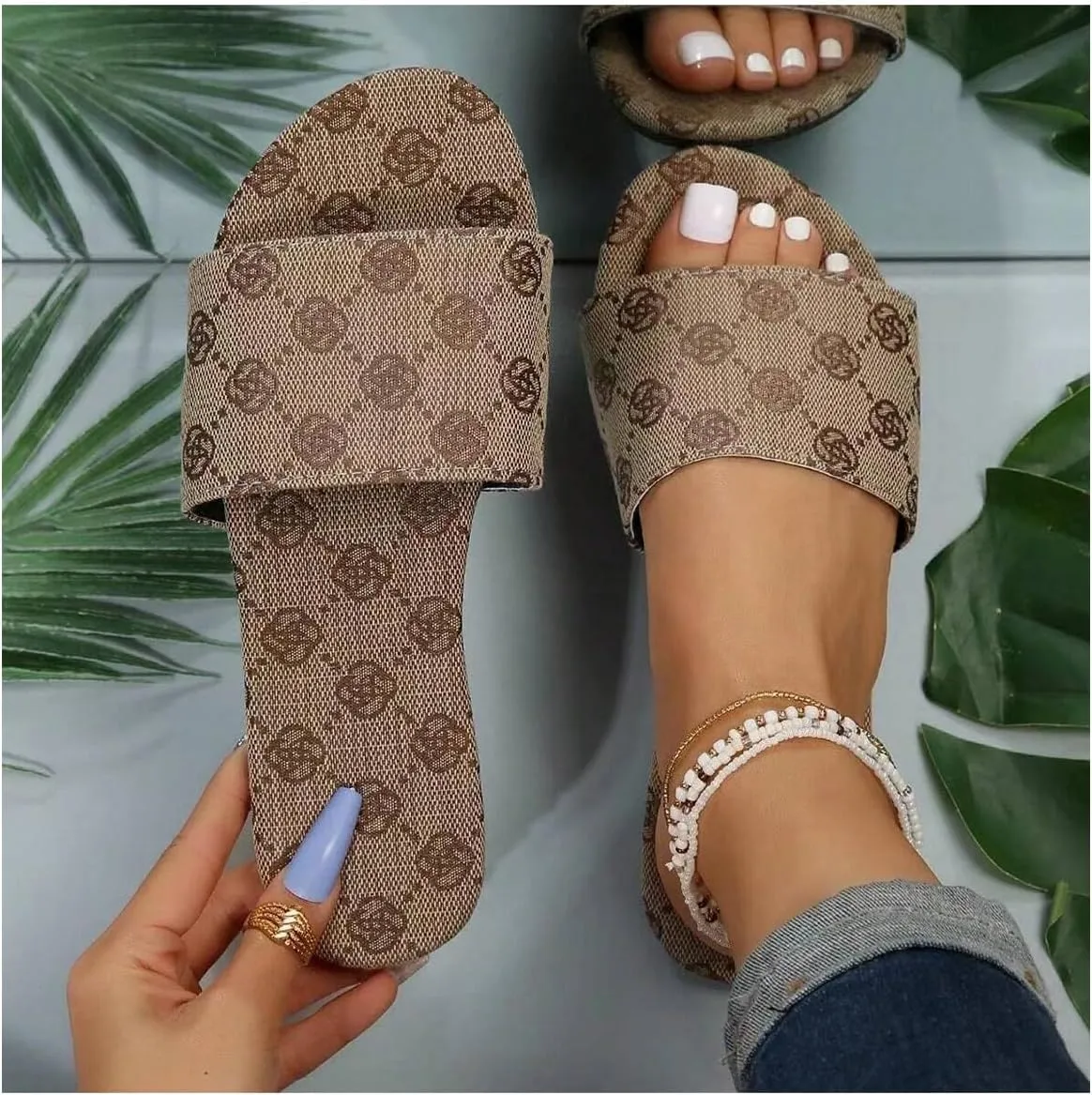 Verdusa Women's Floral Flat Sandals PU Leather Open Toe Slip on Slippers