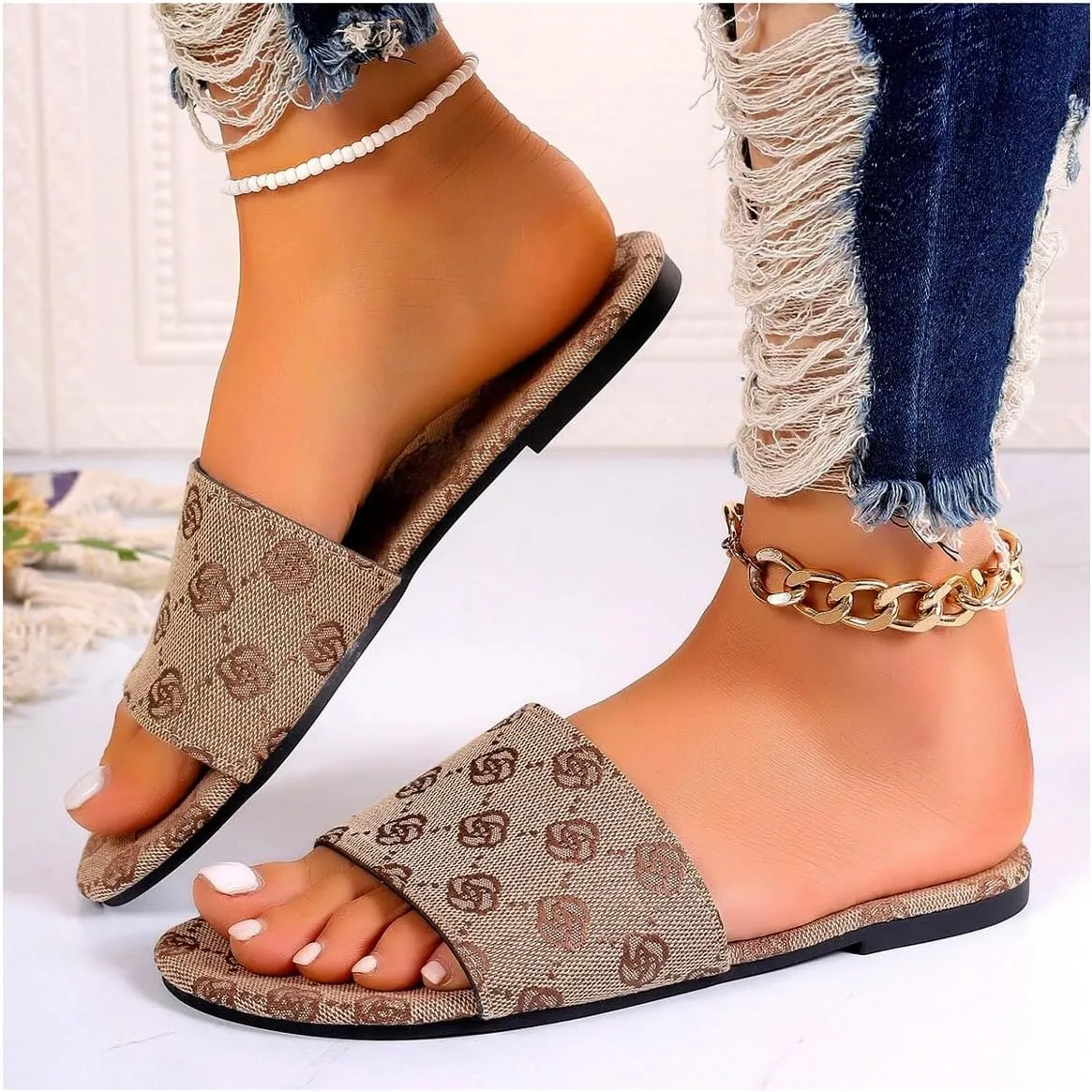 Verdusa Women's Floral Flat Sandals PU Leather Open Toe Slip on Slippers