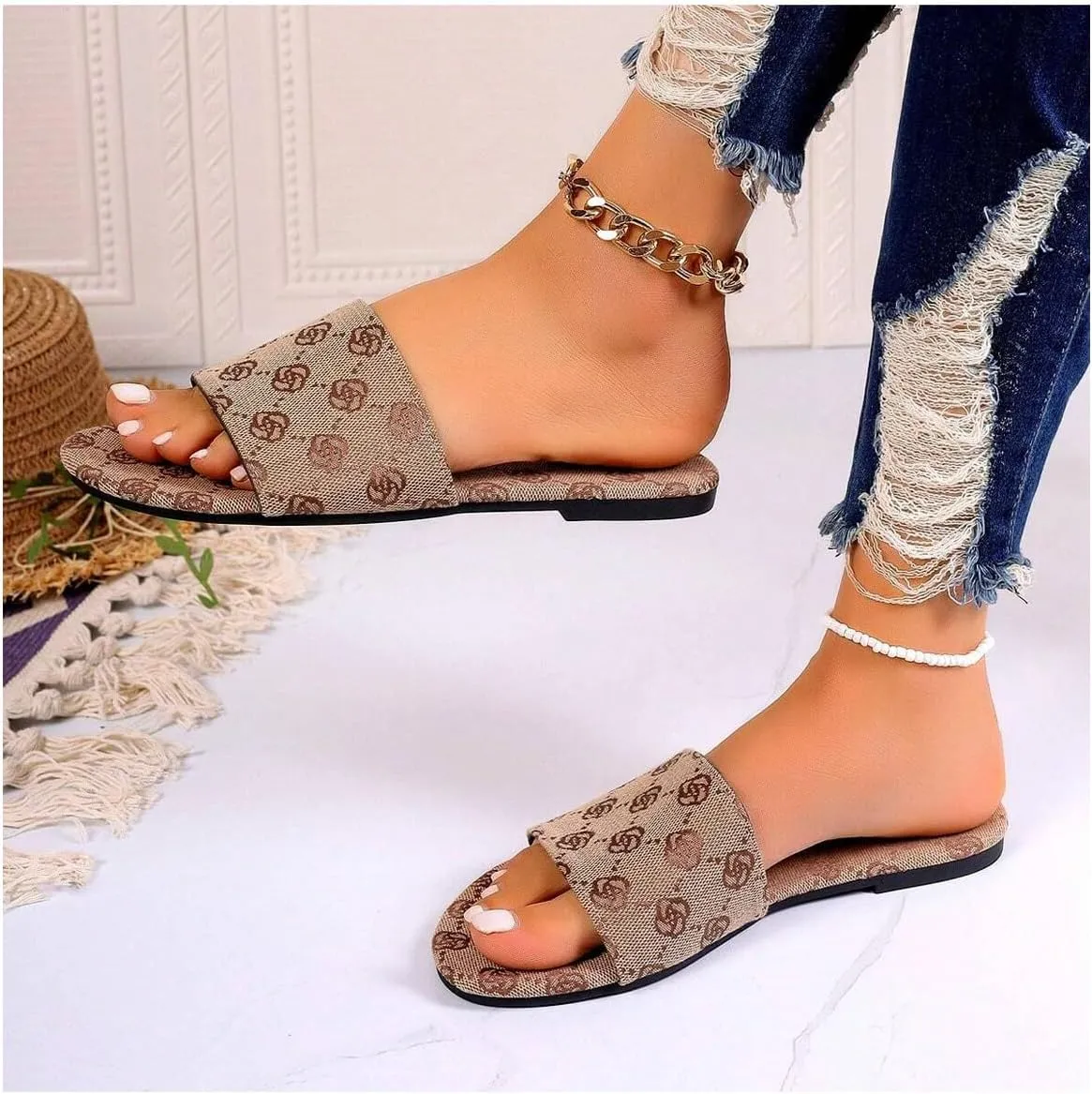 Verdusa Women's Floral Flat Sandals PU Leather Open Toe Slip on Slippers
