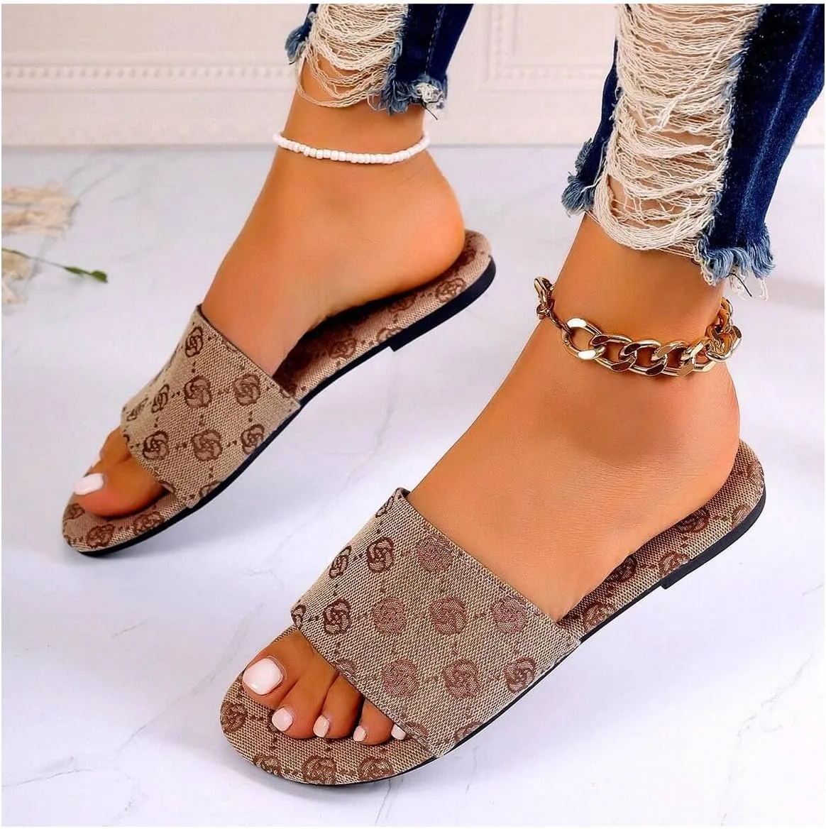 Verdusa Women's Floral Flat Sandals PU Leather Open Toe Slip on Slippers