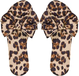 Verdusa Women's Leopard Print Sandals Bow Front Open Toe Slip on Flat Sandals