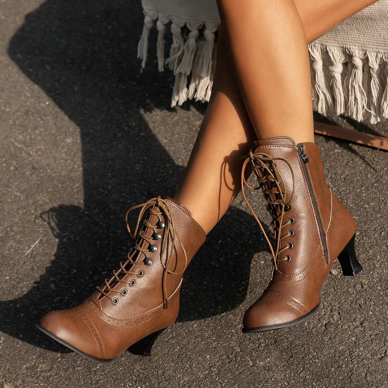 Victorian Boots for Women Vintage Granny Boots Renaissance Mid Calf Boots Costume Lace Up Low Heel Goth Boots with Zipper