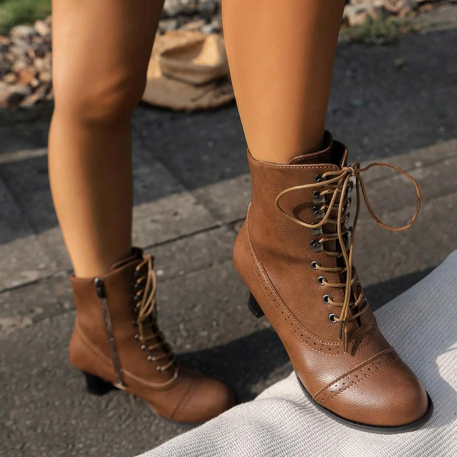 Victorian Boots for Women Vintage Granny Boots Renaissance Mid Calf Boots Costume Lace Up Low Heel Goth Boots with Zipper