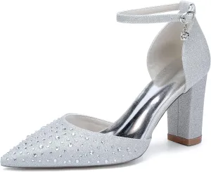 Wedding Bridal Shoes Women's Pointed Toe Chunky Heel Bridal Prom Party Dress High Shoes 8.5Cm