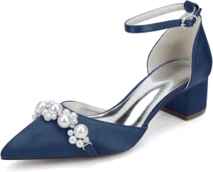 Wedding Bridal Shoes Womens Pointed Toe Pumps Shoes Bridal Ankle Strap Chunky Low Heels 4.5Cm