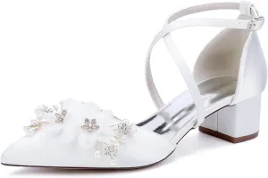 Wedding Bridal Shoes Women's Satin Low Block Heels Pointed Toe Party Dress High Heels Sandals 4.5Cm