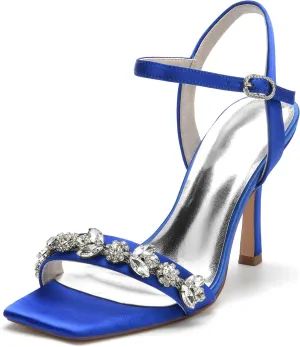 Wedding Bridal Shoes Women's Satin Stiletto Sandals Bridal Heeled Sandals Slingback Heels Square Toe Shoes for Party Prom Dress 9.5Cm