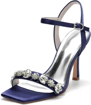 Wedding Bridal Shoes Women's Satin Stiletto Sandals Bridal Heeled Sandals Slingback Heels Square Toe Shoes for Party Prom Dress 9.5Cm