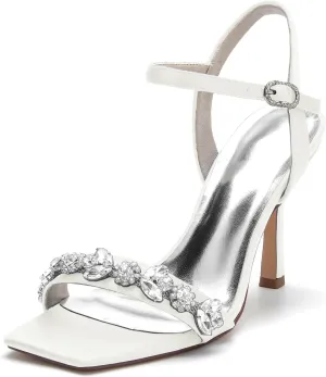 Wedding Bridal Shoes Women's Satin Stiletto Sandals Bridal Heeled Sandals Slingback Heels Square Toe Shoes for Party Prom Dress 9.5Cm