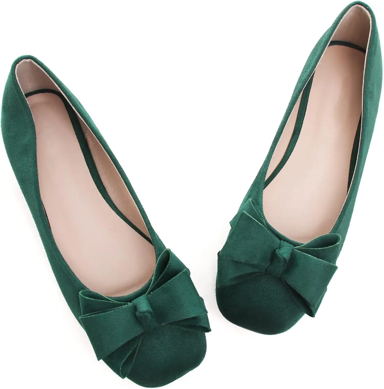 WENJIAZHIZHI Square Toe Bow Flats for Women Solid Color Low-Heel Slip-ons Cozy Soft Office Lady Dress Shoes