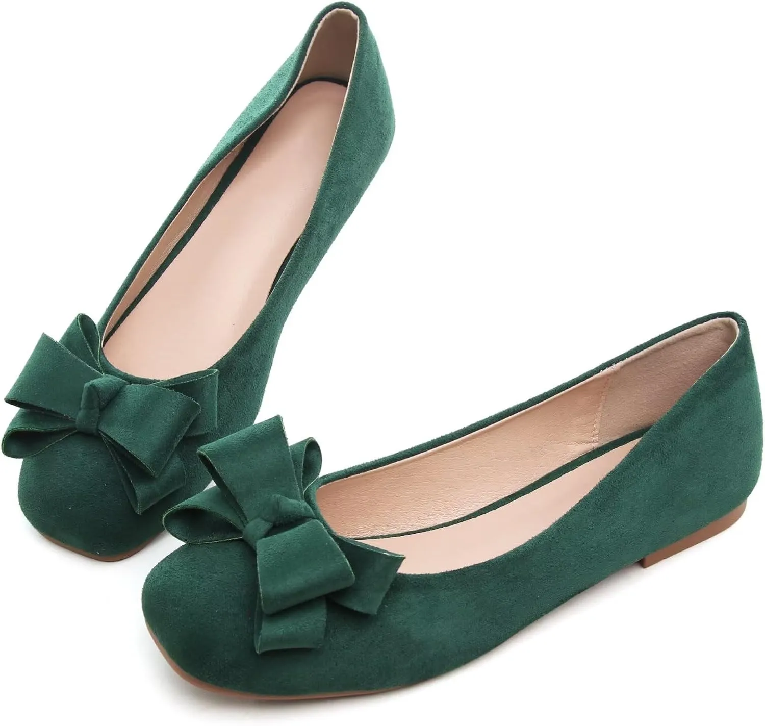 WENJIAZHIZHI Square Toe Bow Flats for Women Solid Color Low-Heel Slip-ons Cozy Soft Office Lady Dress Shoes