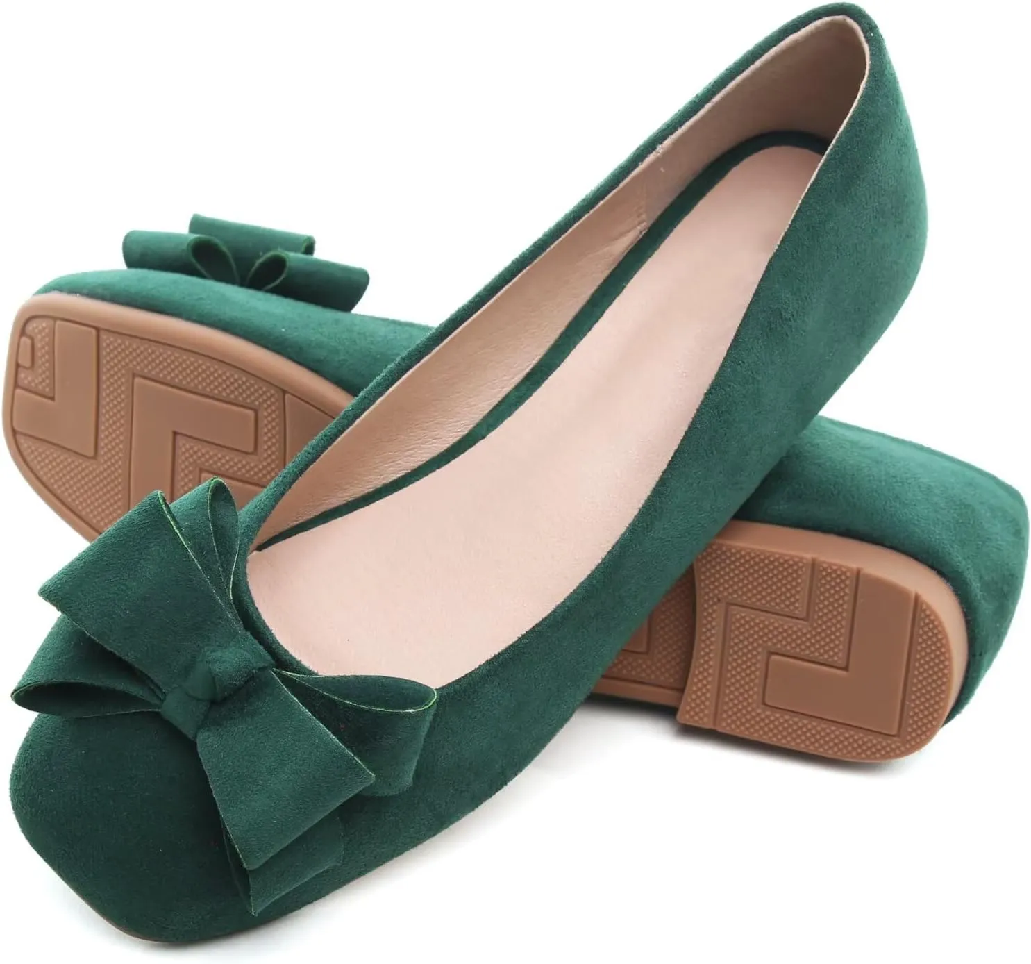 WENJIAZHIZHI Square Toe Bow Flats for Women Solid Color Low-Heel Slip-ons Cozy Soft Office Lady Dress Shoes