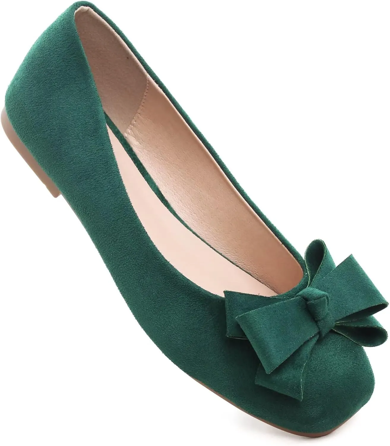 WENJIAZHIZHI Square Toe Bow Flats for Women Solid Color Low-Heel Slip-ons Cozy Soft Office Lady Dress Shoes