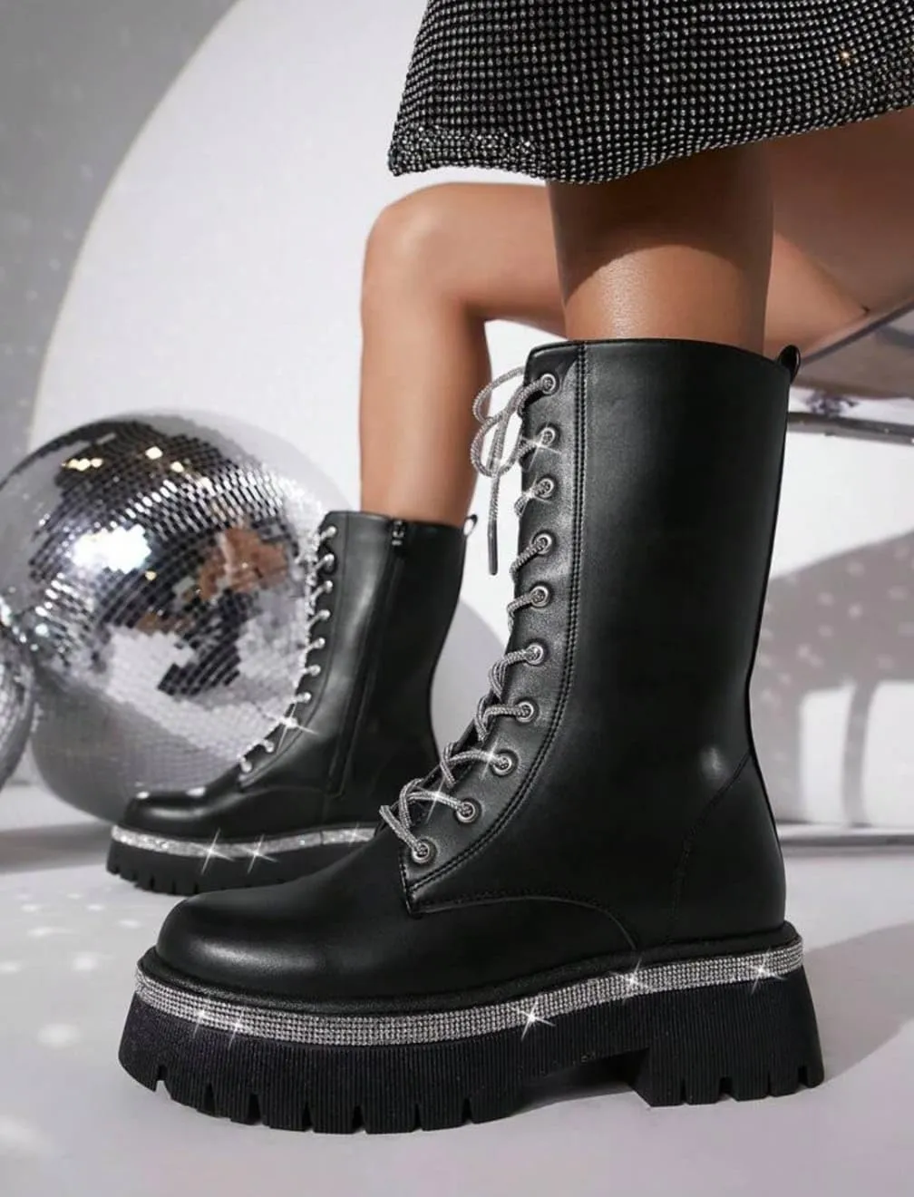 Wild Diva Munich-09 Women's Lug Sole Rhinestone Lace-Up Detail Faux Leather Combat Boots