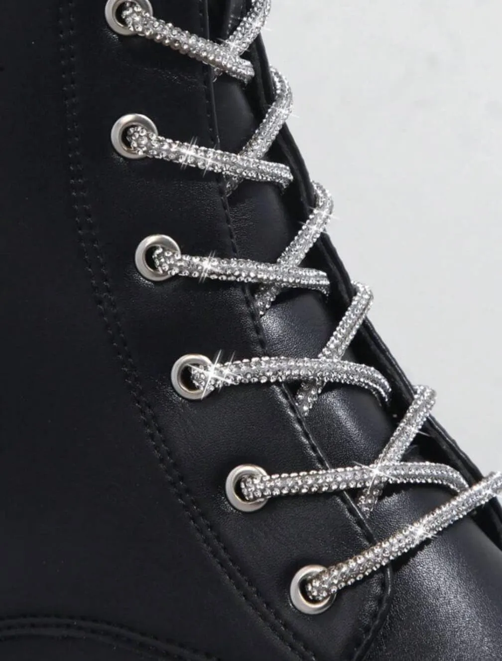 Wild Diva Munich-09 Women's Lug Sole Rhinestone Lace-Up Detail Faux Leather Combat Boots