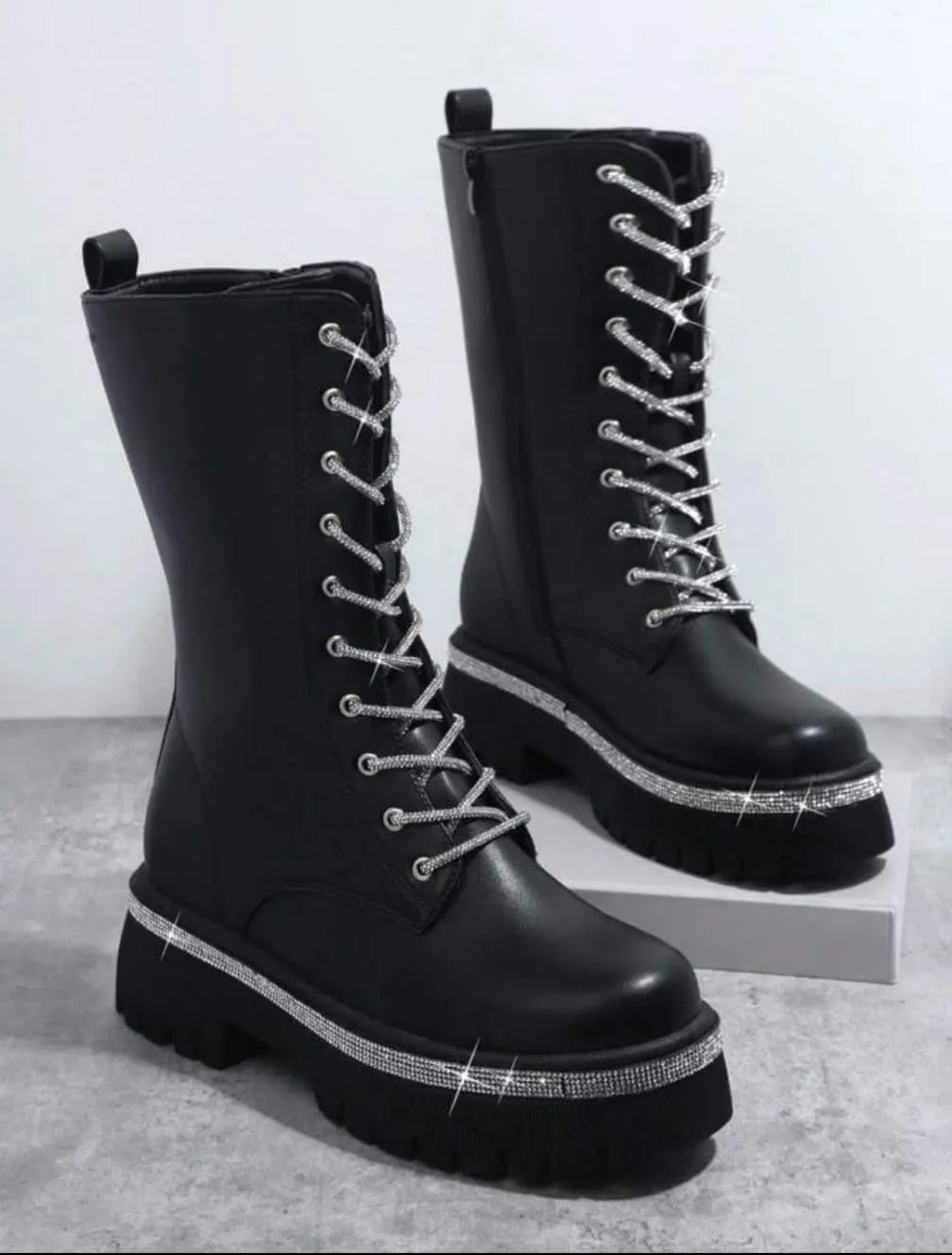 Wild Diva Munich-09 Women's Lug Sole Rhinestone Lace-Up Detail Faux Leather Combat Boots