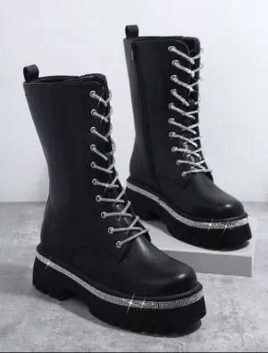Wild Diva Munich-09 Women's Lug Sole Rhinestone Lace-Up Detail Faux Leather Combat Boots