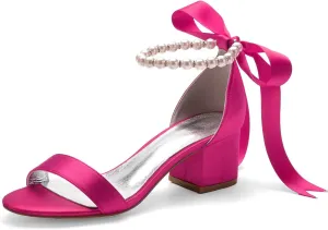 Women Block Heel Satin Pearls Wedding Sandals Open Toe Ribbon Tie Party Dress Heeled Sandal Shoes 702-7
