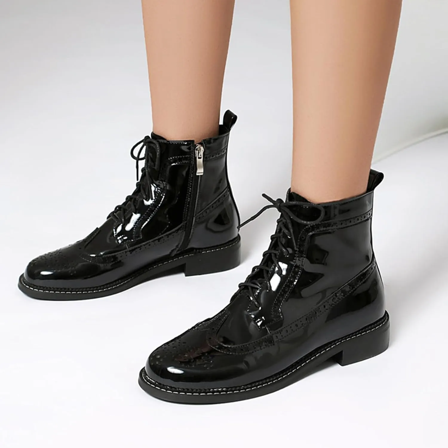 Women Patent Leather Wingtip Brogue Block Heel Combat Boots Comfort Lace Up Round Toe Side Zipper Dressy Ankle Booties