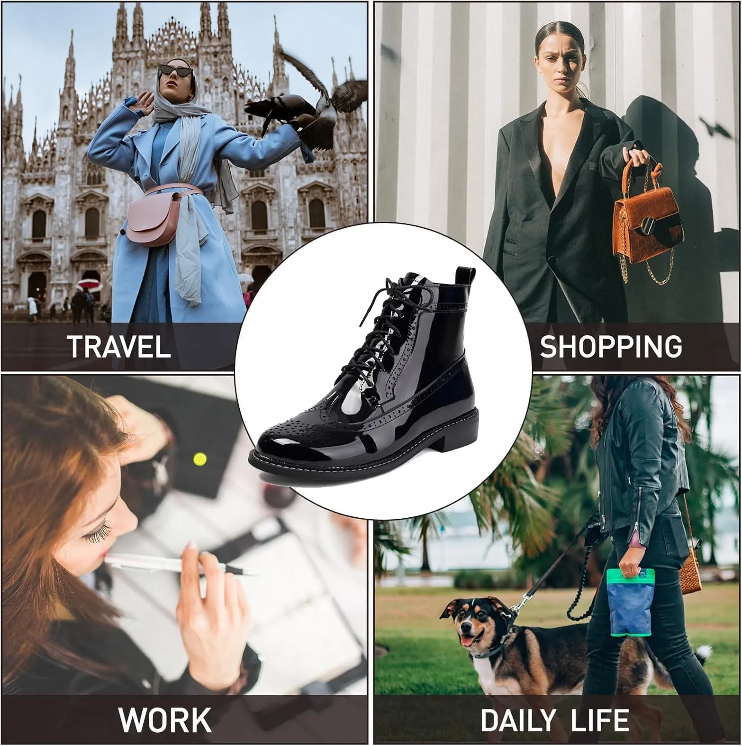 Women Patent Leather Wingtip Brogue Block Heel Combat Boots Comfort Lace Up Round Toe Side Zipper Dressy Ankle Booties