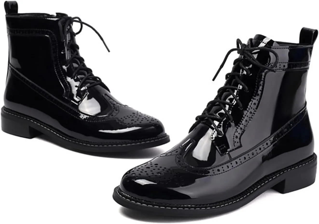 Women Patent Leather Wingtip Brogue Block Heel Combat Boots Comfort Lace Up Round Toe Side Zipper Dressy Ankle Booties