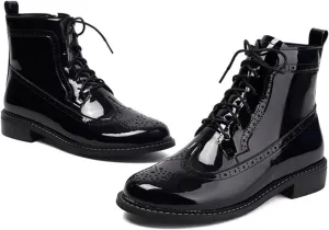 Women Patent Leather Wingtip Brogue Block Heel Combat Boots Comfort Lace Up Round Toe Side Zipper Dressy Ankle Booties