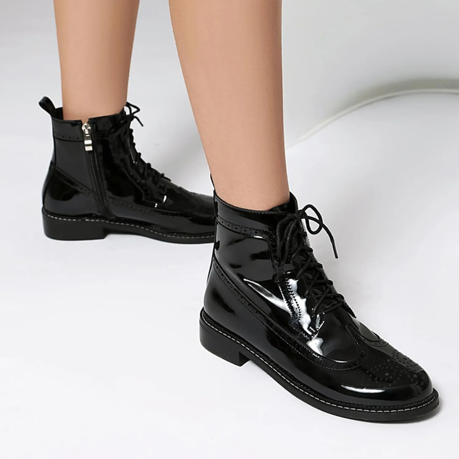 Women Patent Leather Wingtip Brogue Block Heel Combat Boots Comfort Lace Up Round Toe Side Zipper Dressy Ankle Booties